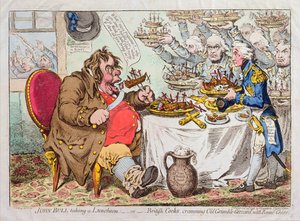 John Bull Taking a Luncheon, tai Brittiläiset kokit, jotka ahtaavat vanhaa Grumble-Gizzardia Bonne-Chereen, Hannah Humphreyn julkaisema 1798 (käsin väritetty etsaus).